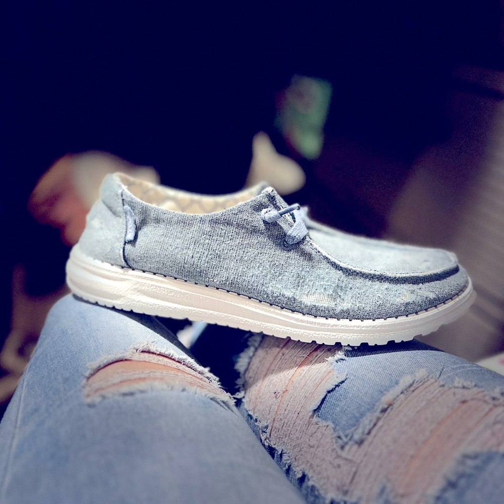 Customized distressed denim HeyDudes